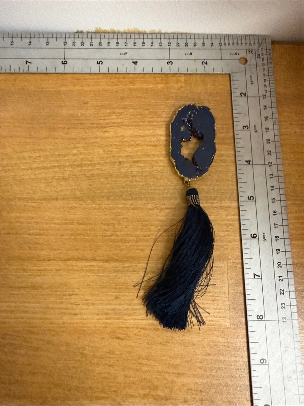 Blue with gold paint faux geode agate necklace charm with string tassel - Picture 4 of 4